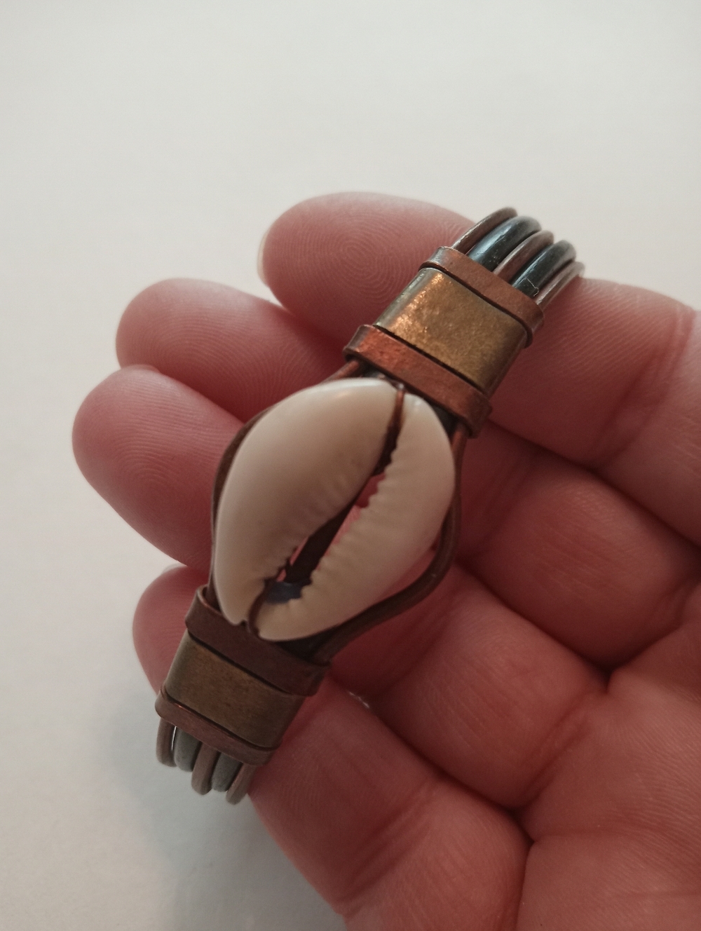 #1225. Puka Shell & Brass & Copper, Cuff Bracelet. Size: 6 1/2